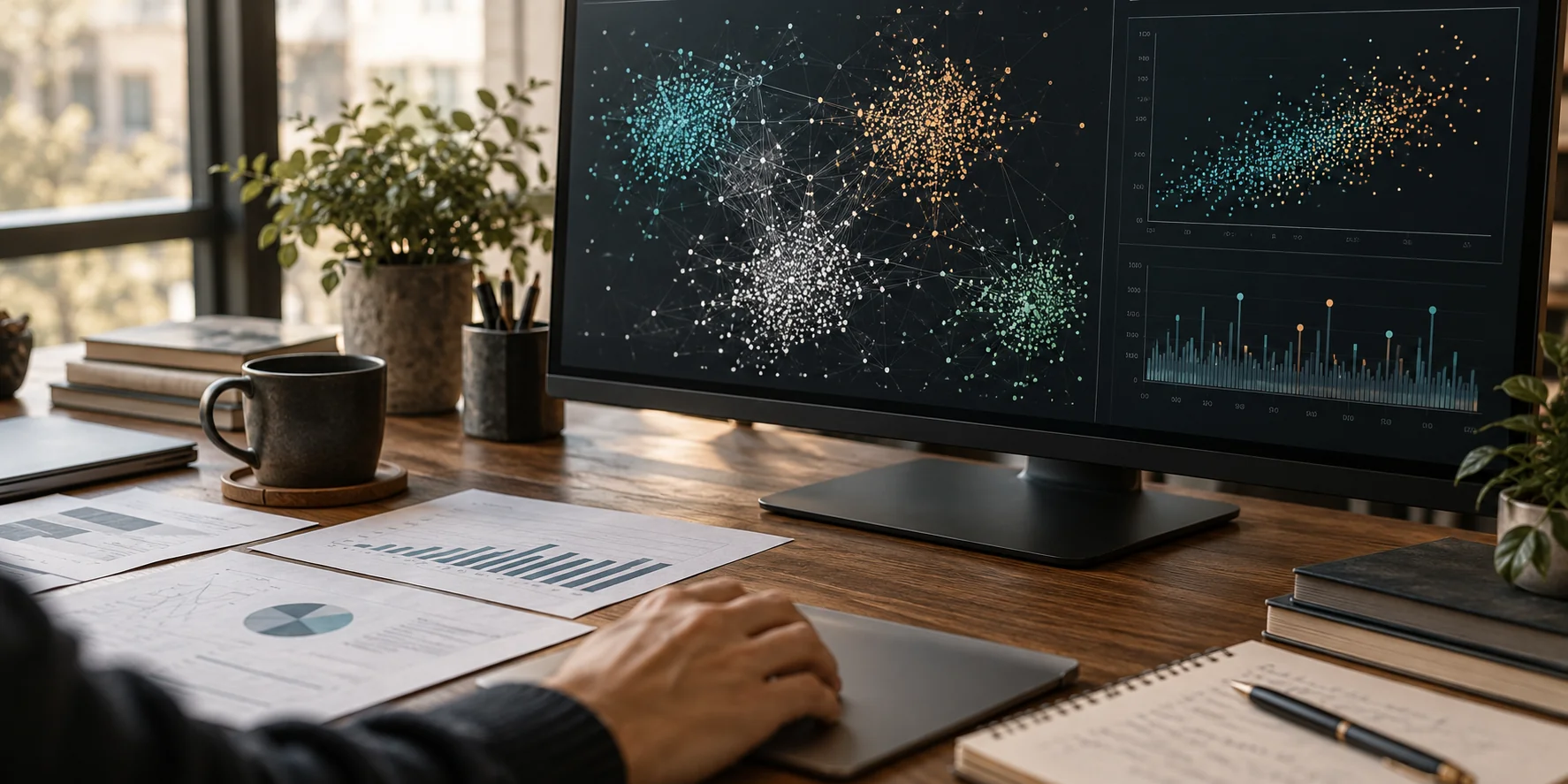 Monitor con agrupaciones de datos conectadas y gráficos de patrones empresariales, junto a documentos de análisis.