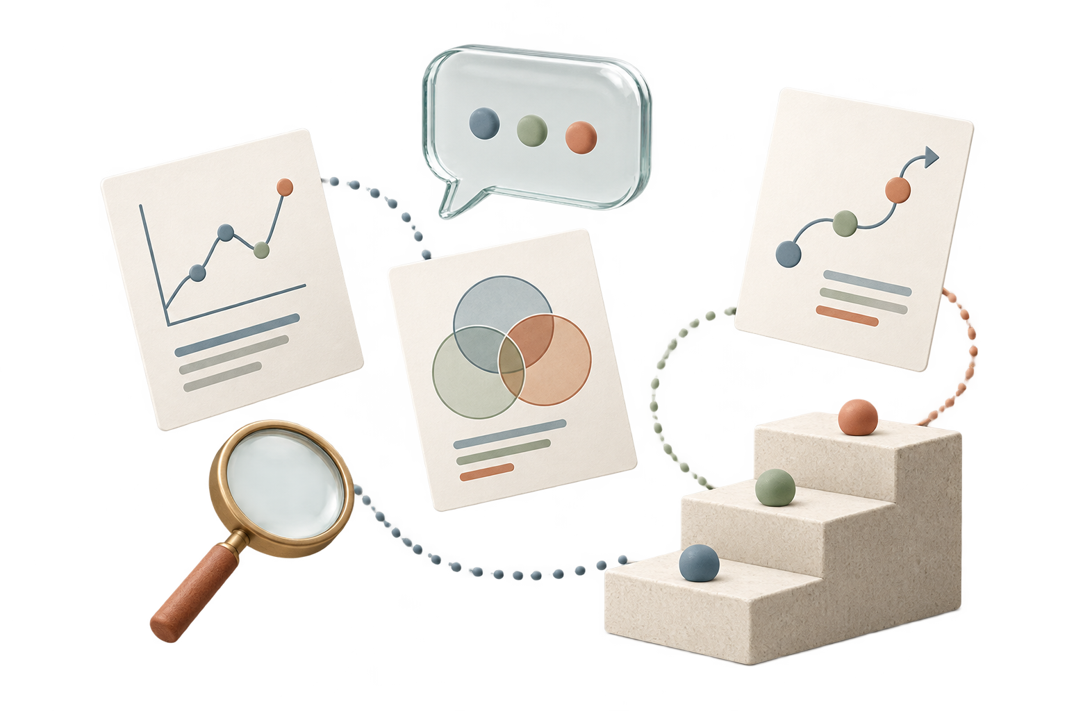Ilustración de preguntas, análisis y decisiones conectados